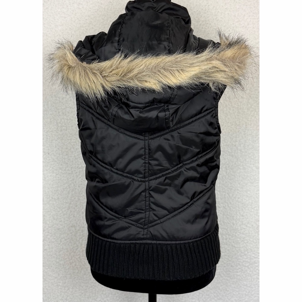 (VTG) FOREVER 21 • Black/Tan Y2K Quilted Zip-Up Vest w/ Faux Fur Trimmed Hood, S - Picture 8 of 15